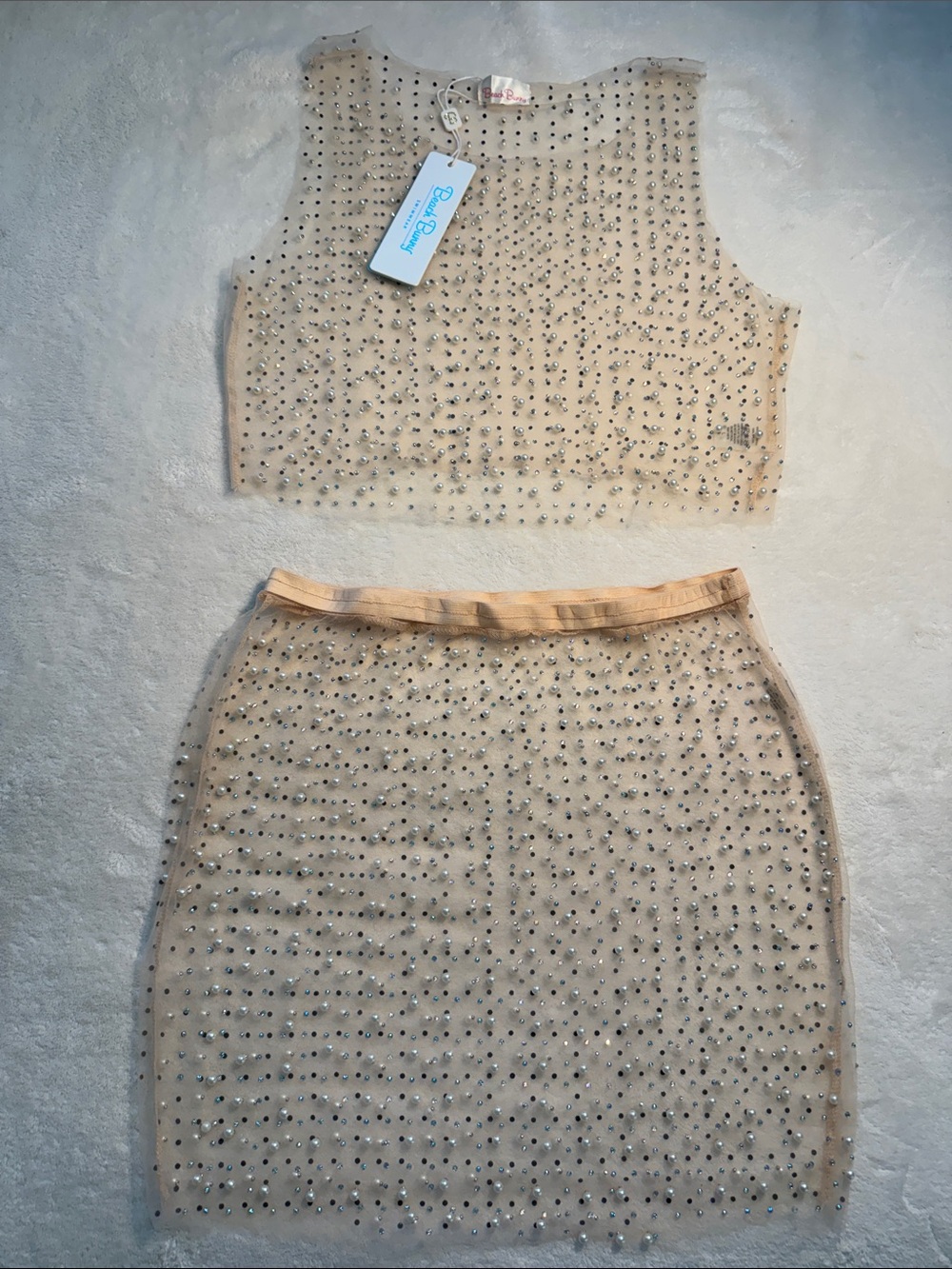 NWT Beach Bunny “Glitzy Girl Pearl Mesh Top and Skirt” coverup. L. Nude.